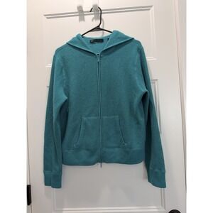 Lord & Taylor 100% Cashmere Zip Hoodie Teal Waffle Knit Sweater Women's L READ